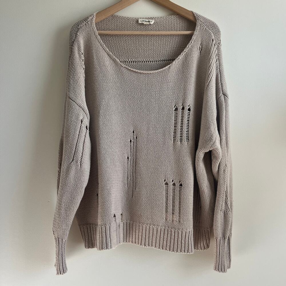 ee:some Distressed Knit Sweater Relaxed Crew Grunge Taupe Beige Oversized Medium